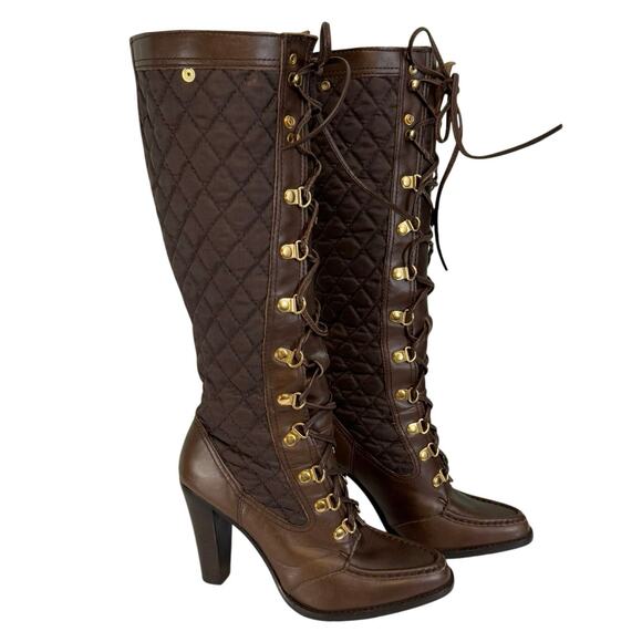 Michael Kors Tall Knee High Booties 6.5 Brown Quilted Leather Lace Up Almond Toe - Picture 1 of 15